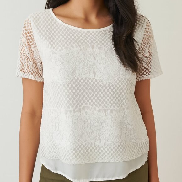 Forever 21 white cropped lace short sleeve Romantic Fairycore top Size Med - Picture 1 of 7